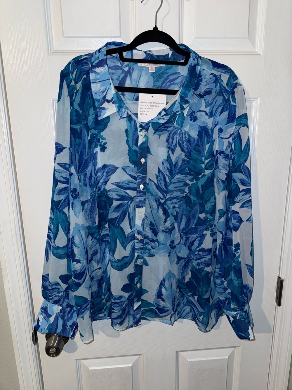 Blue Floral Sheer Button-Down Blouse